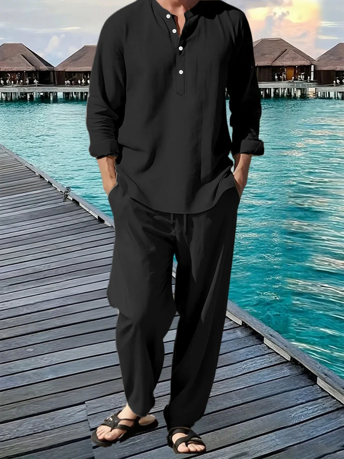 Men's Linen Vacation Suit — Breathable Beach Shirt & Loose Jogging Trousers Set