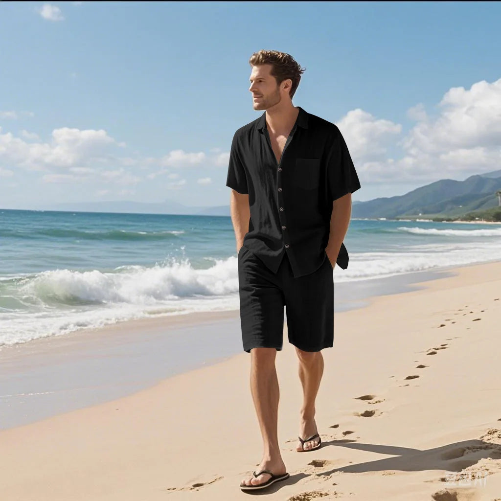 Men's Premium Linen Beach Suit — Breathable Short Sleeve Shirt & Drawstring Shorts Set