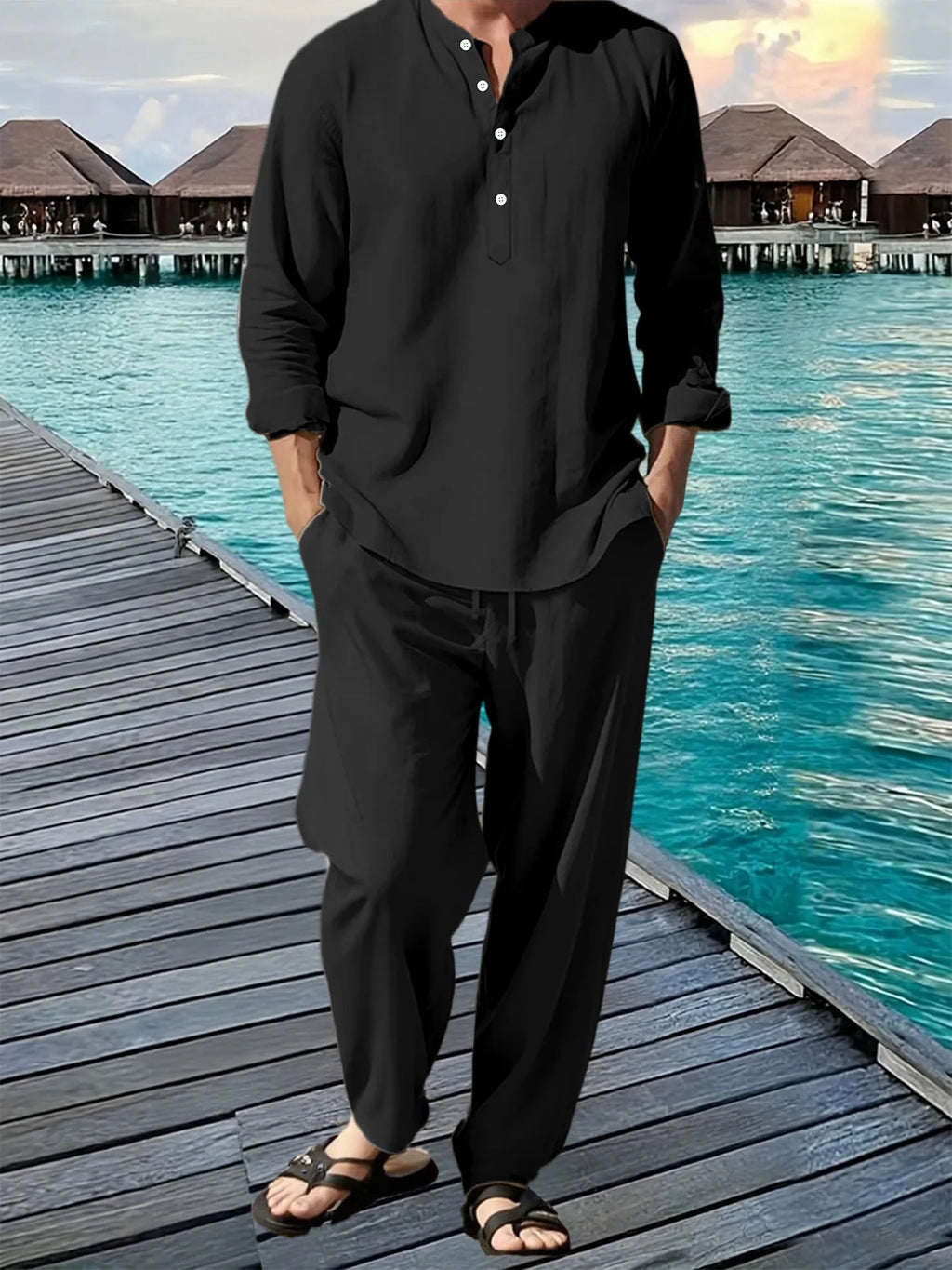Men's Linen Vacation Suit — Breathable Beach Shirt & Loose Jogging Trousers Set
