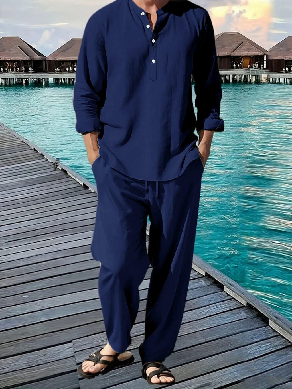 Men's Linen Vacation Suit — Breathable Beach Shirt & Loose Jogging Trousers Set