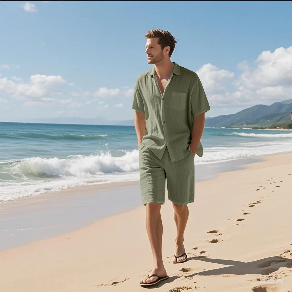 Men's Premium Linen Beach Suit — Breathable Short Sleeve Shirt & Drawstring Shorts Set