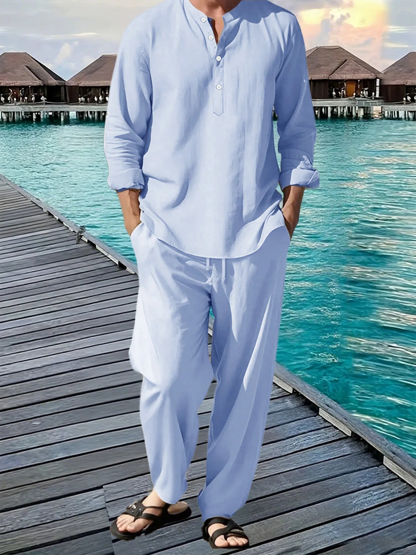 Men's Linen Vacation Suit — Breathable Beach Shirt & Loose Jogging Trousers Set