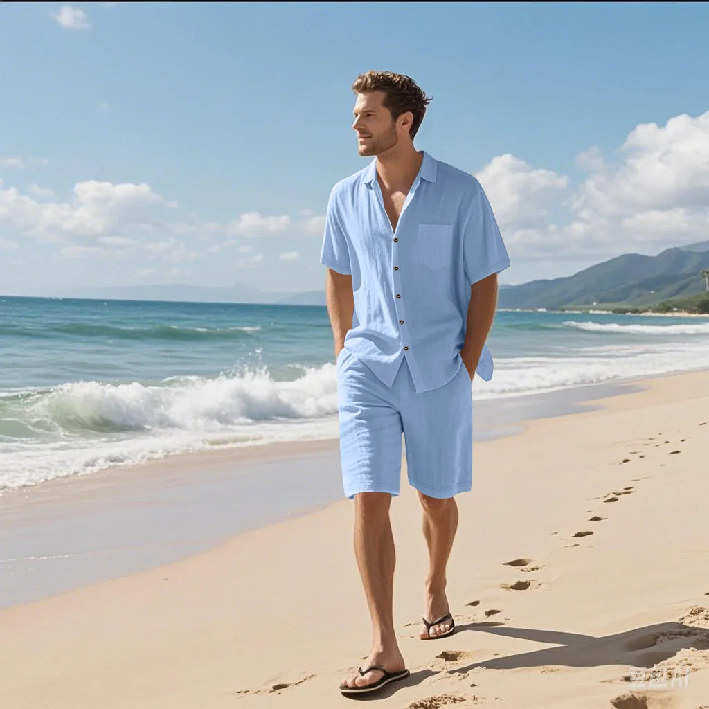 Men's Premium Linen Beach Suit — Breathable Short Sleeve Shirt & Drawstring Shorts Set