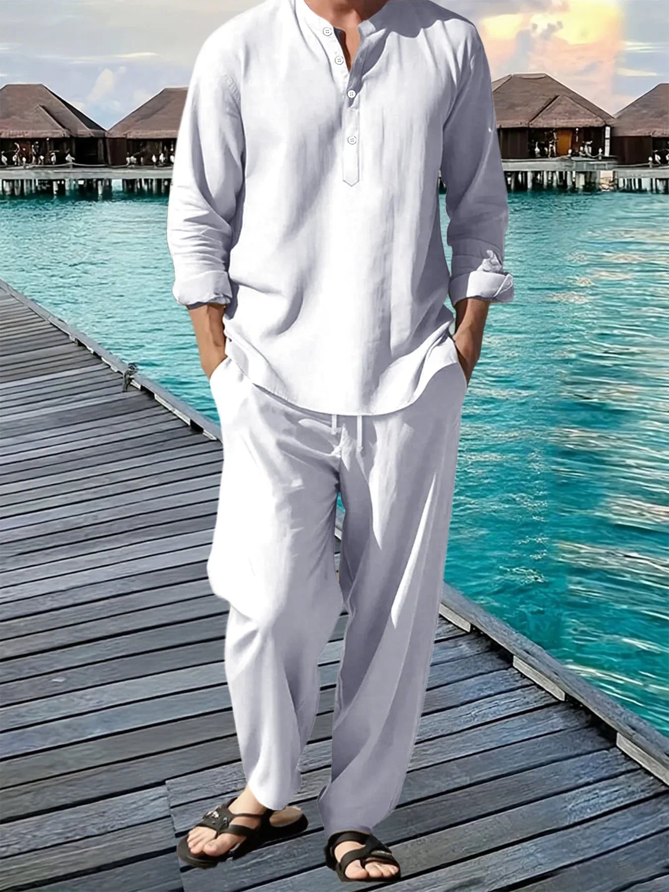 Men's Linen Vacation Suit — Breathable Beach Shirt & Loose Jogging Trousers Set