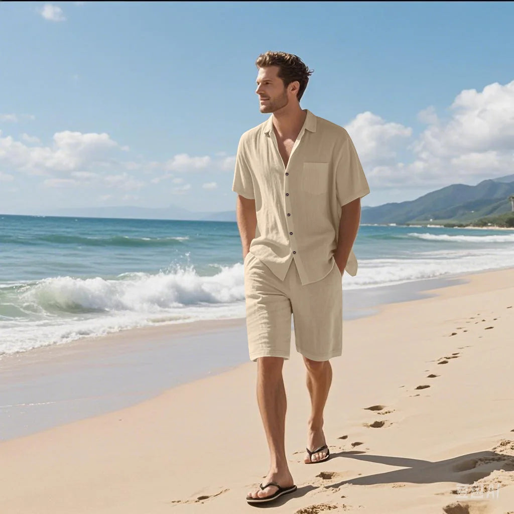 Men's Premium Linen Beach Suit — Breathable Short Sleeve Shirt & Drawstring Shorts Set