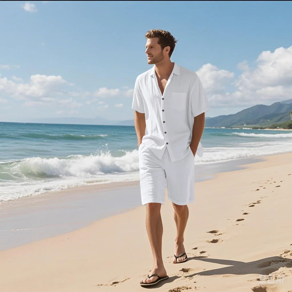 Men's Premium Linen Beach Suit — Breathable Short Sleeve Shirt & Drawstring Shorts Set