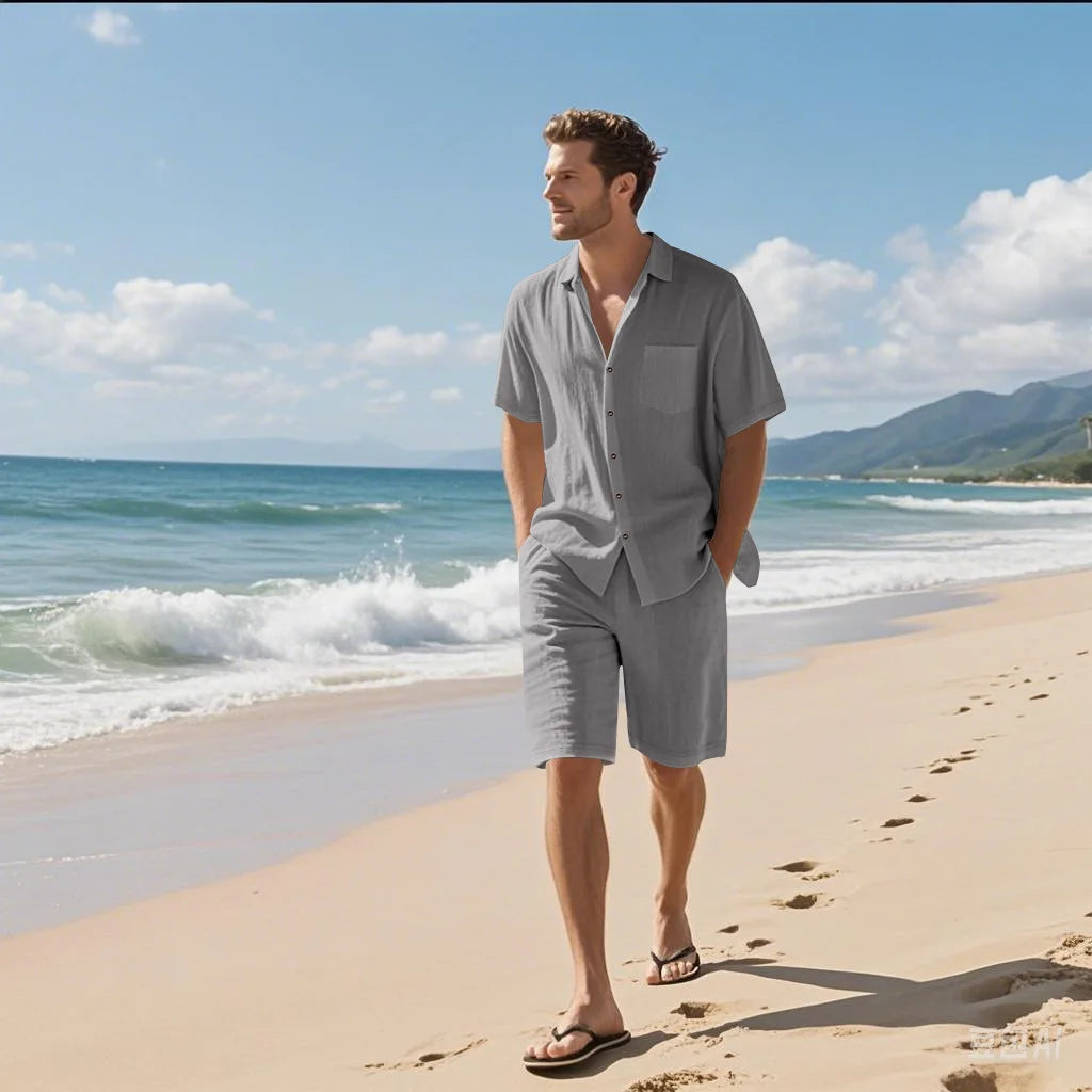 Men's Premium Linen Beach Suit — Breathable Short Sleeve Shirt & Drawstring Shorts Set