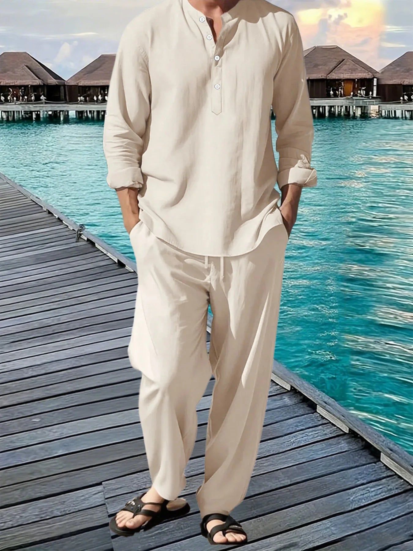 Men's Linen Vacation Suit — Breathable Beach Shirt & Loose Jogging Trousers Set