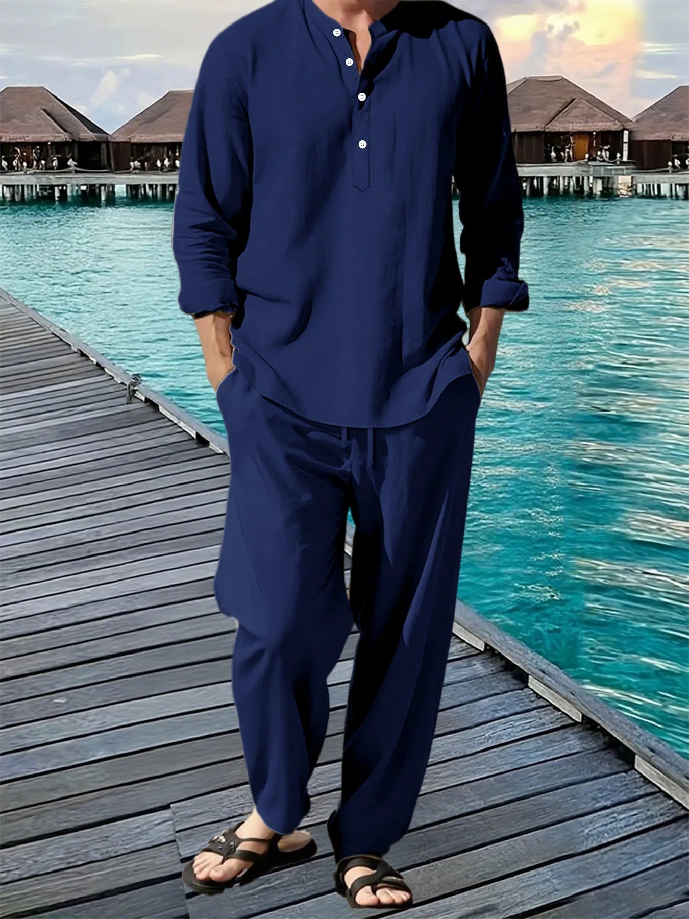Men's Linen Vacation Suit — Breathable Beach Shirt & Loose Jogging Trousers Set