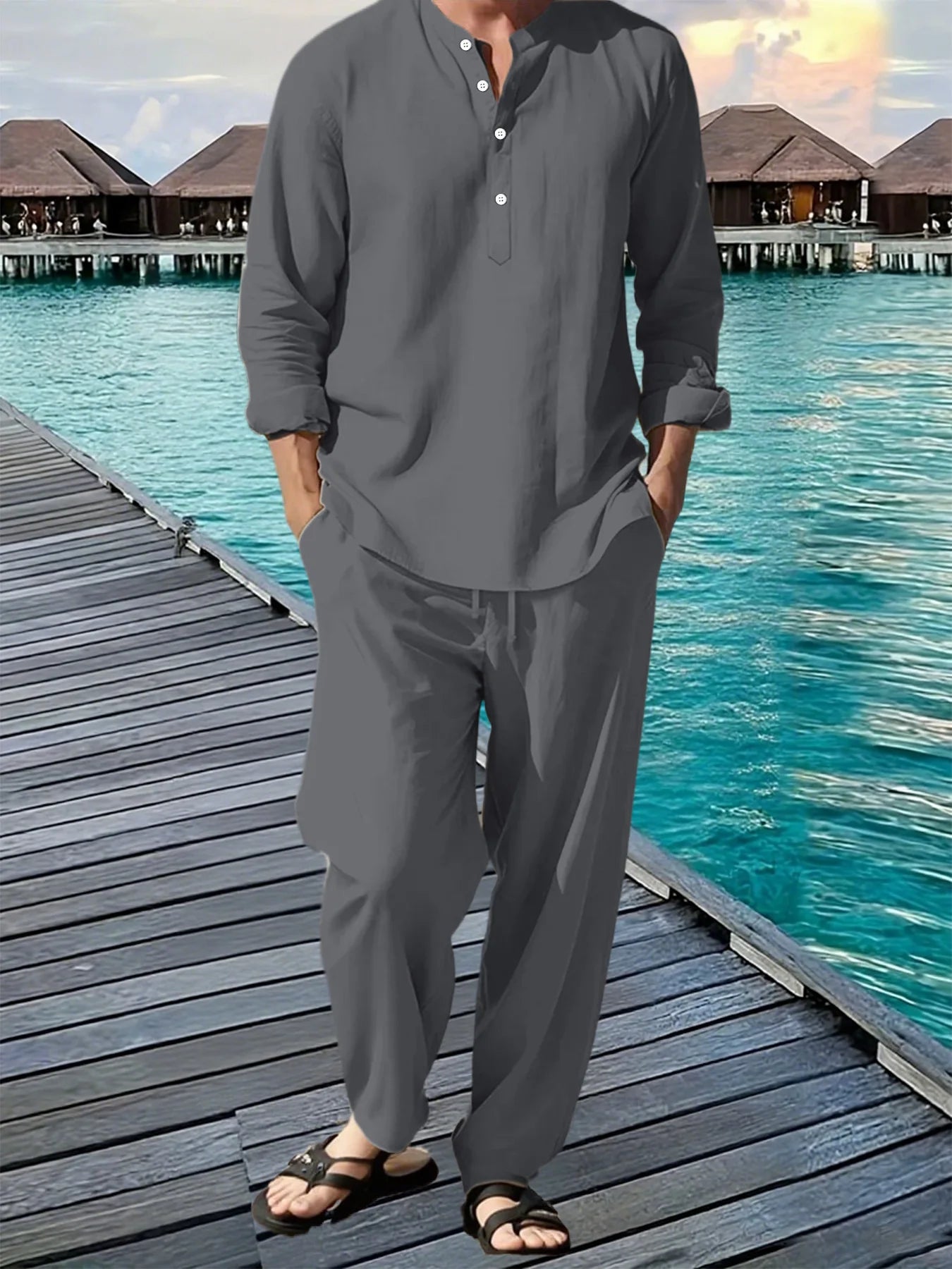Men's Linen Vacation Suit — Breathable Beach Shirt & Loose Jogging Trousers Set