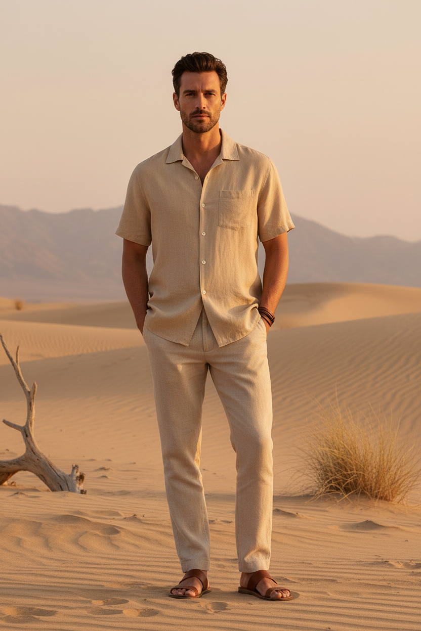 Men's Cotton Linen Short Sleeve Shirt - Beige