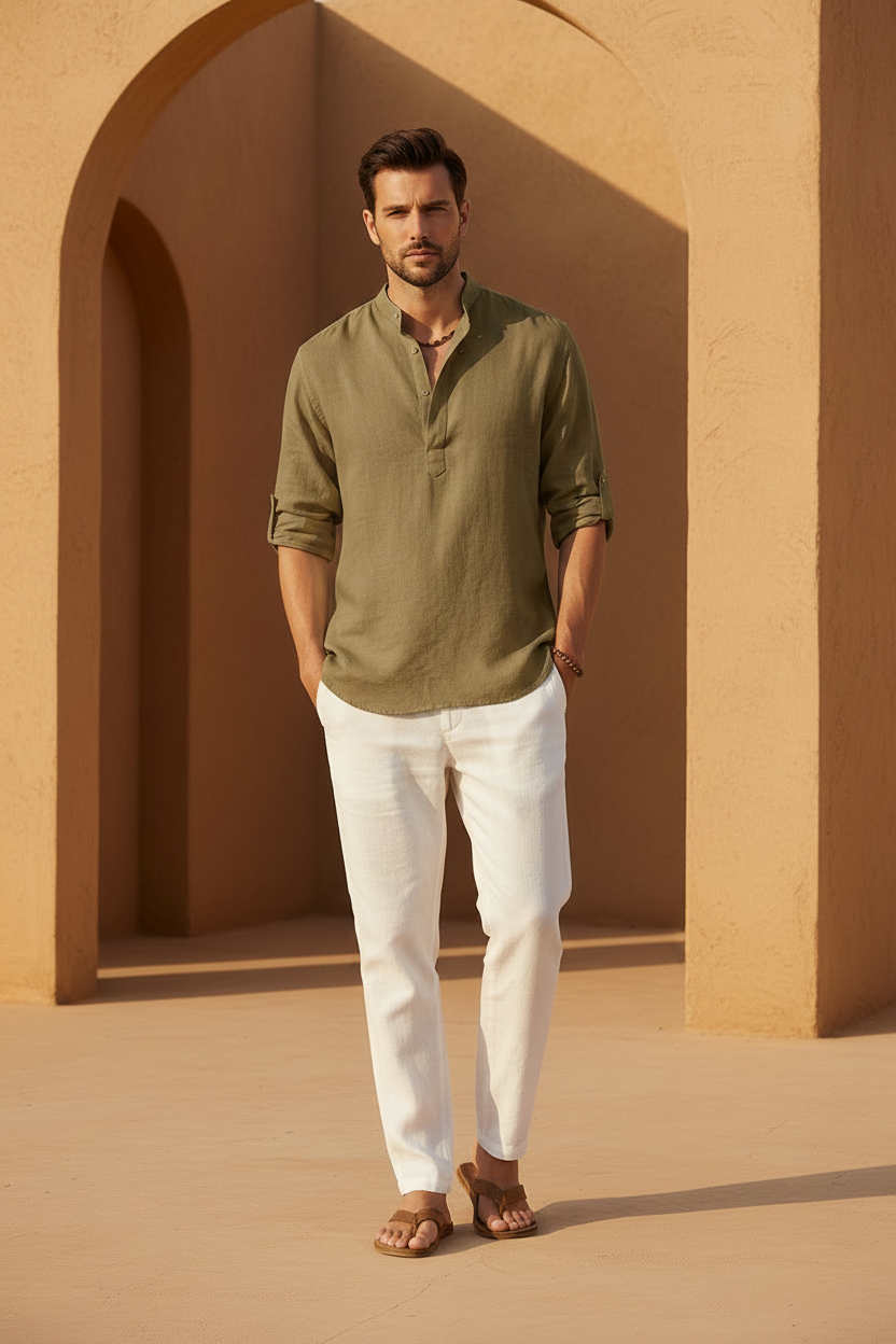 Men's Cotton Linen Long Sleeve Casual Shirt - Khaki