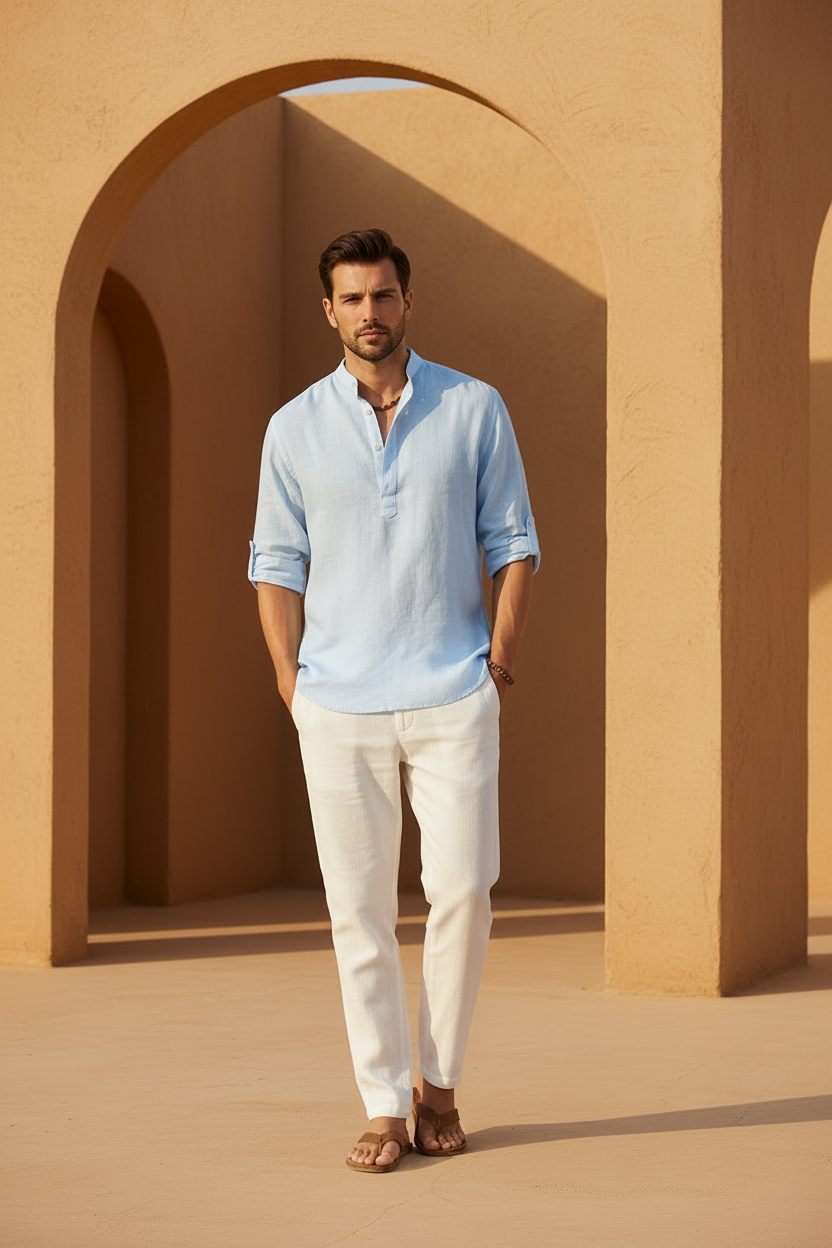 Men's Cotton Linen Long Sleeve Casual Shirt - Blue