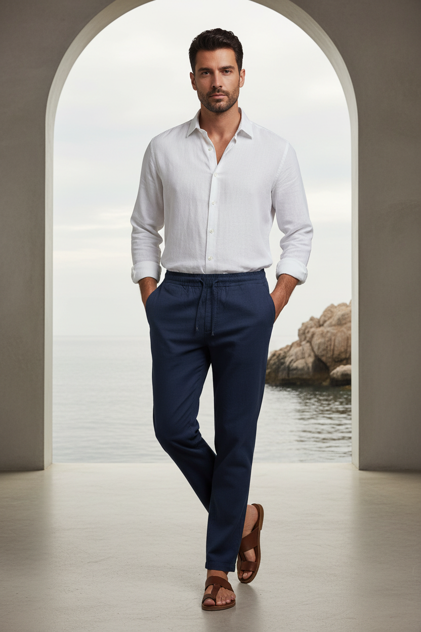 Men's Cotton Linen Trousers - Navy