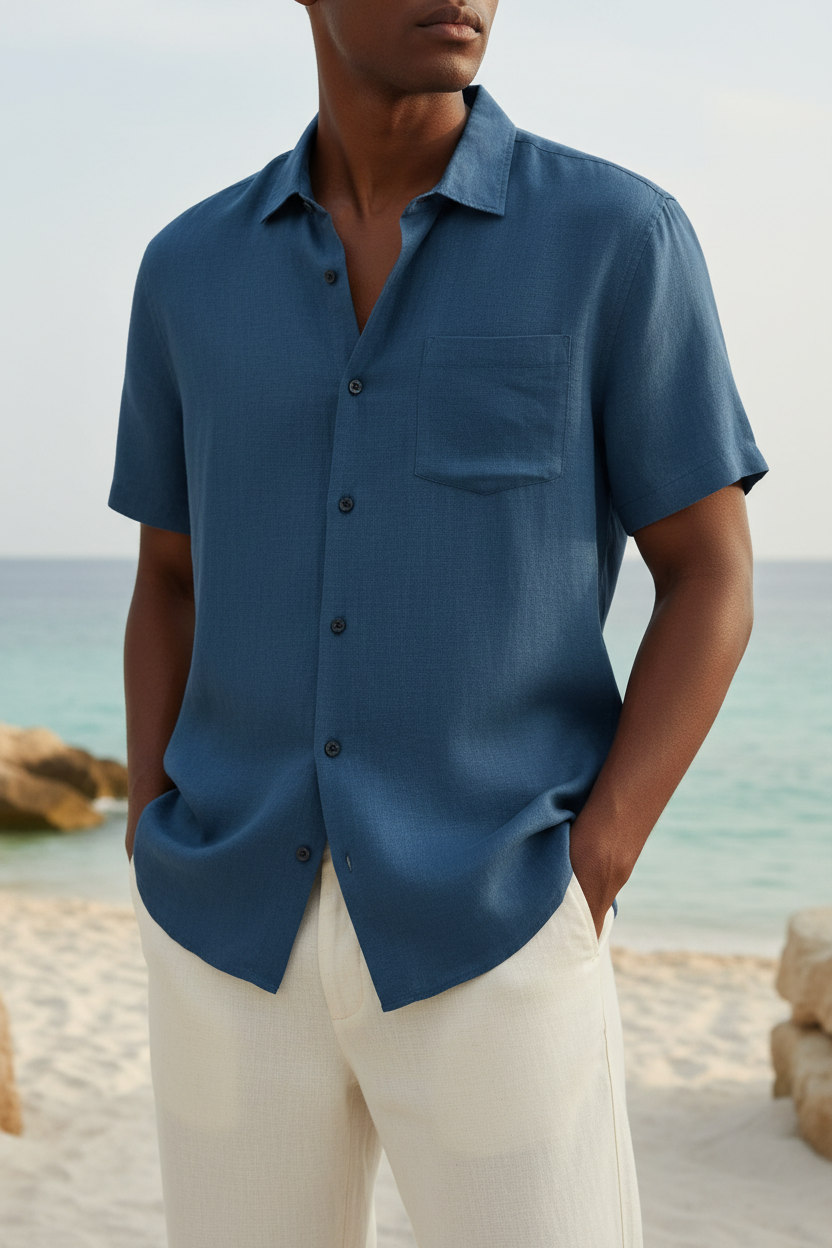 Men's Cotton Linen Short Sleeve Shirt - Blue
