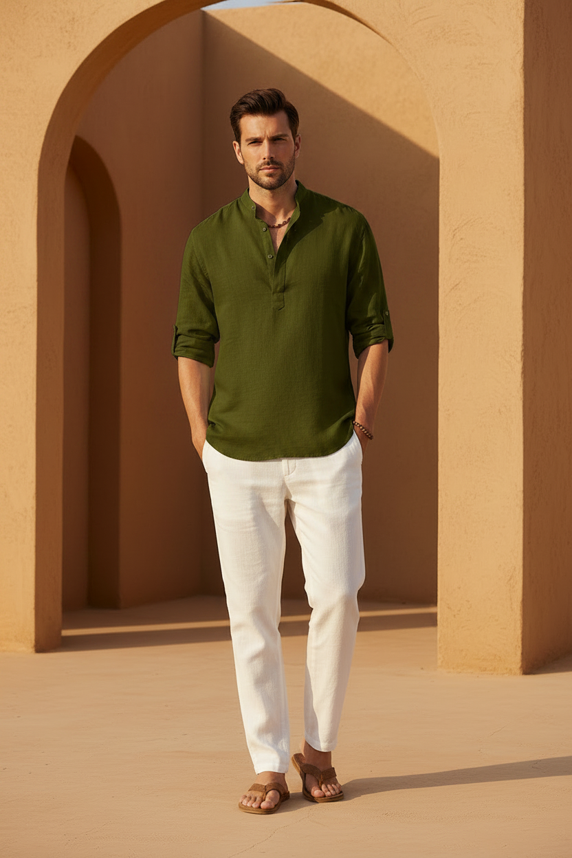 Men's Cotton Linen Long Sleeve Casual Shirt - Green