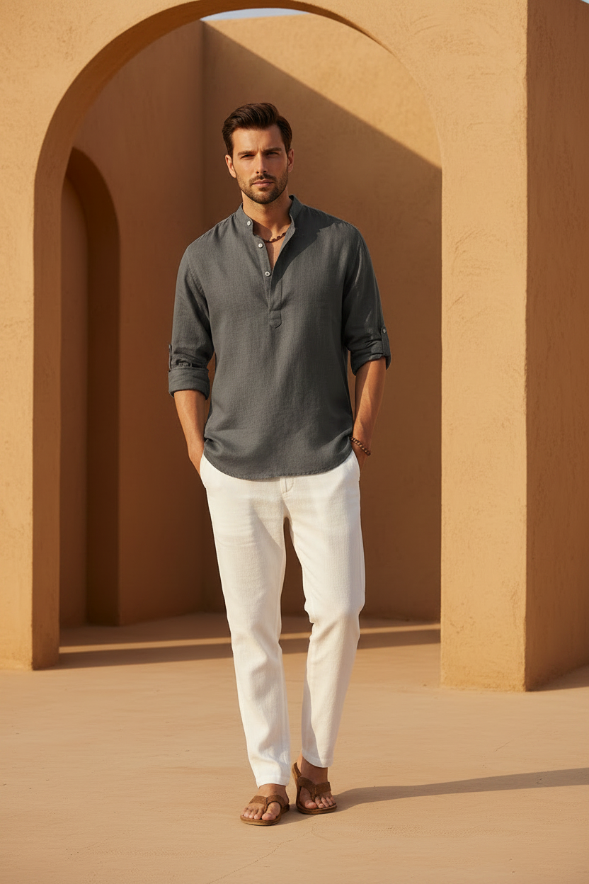 Men's Cotton Linen Long Sleeve Casual Shirt - Gray