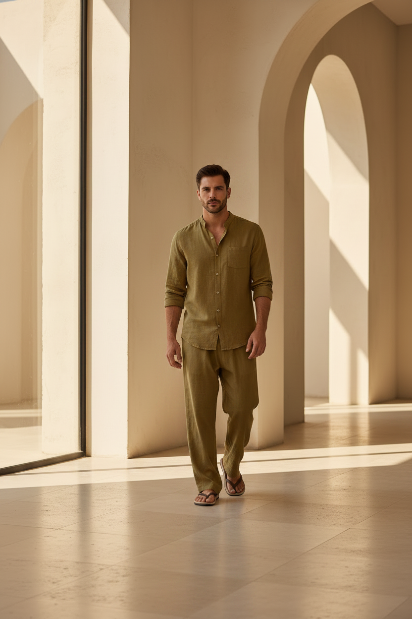 Men's Linen Matching Suit - Khaki