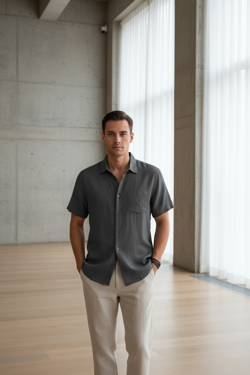 Men's Cotton Linen Short Sleeve Shirt - Gray