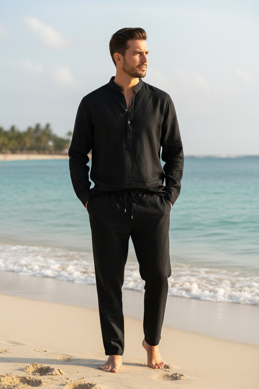 Men's black linen shirt and pants set with band collar