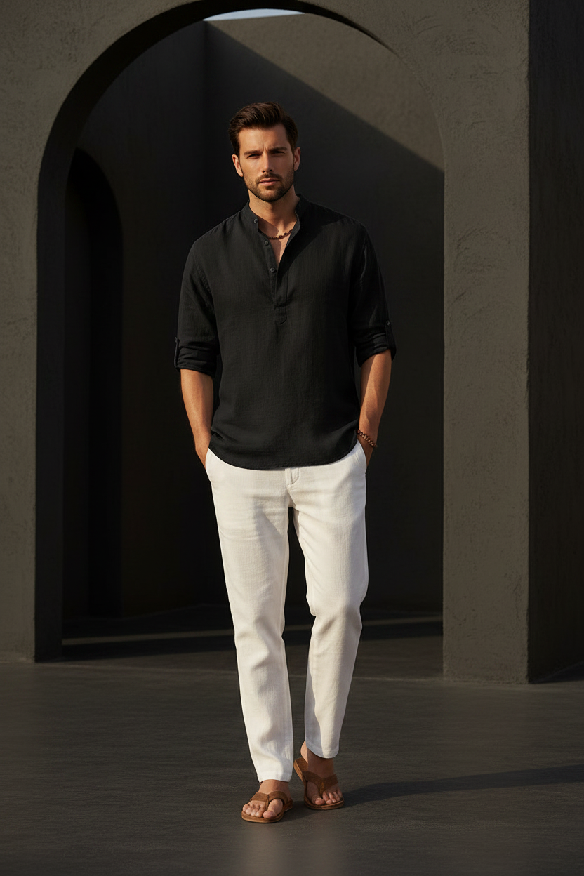 Men's Cotton Linen Long Sleeve Casual Shirt - Black