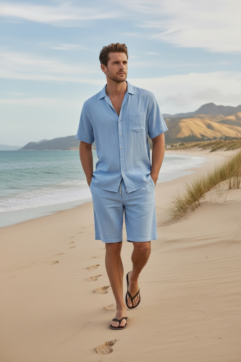 Men's Premium Linen Beach Suit - Light Blue
