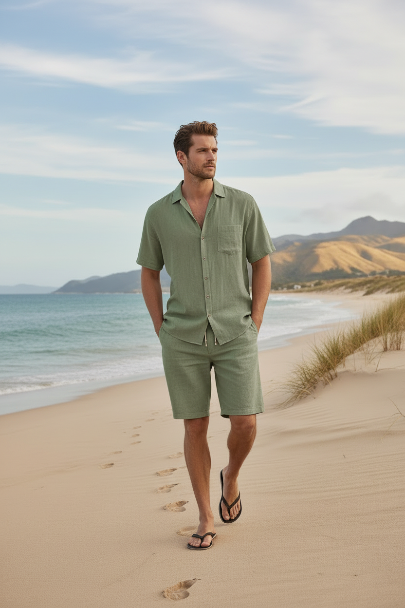 Men's Premium Linen Beach Suit - Military Green