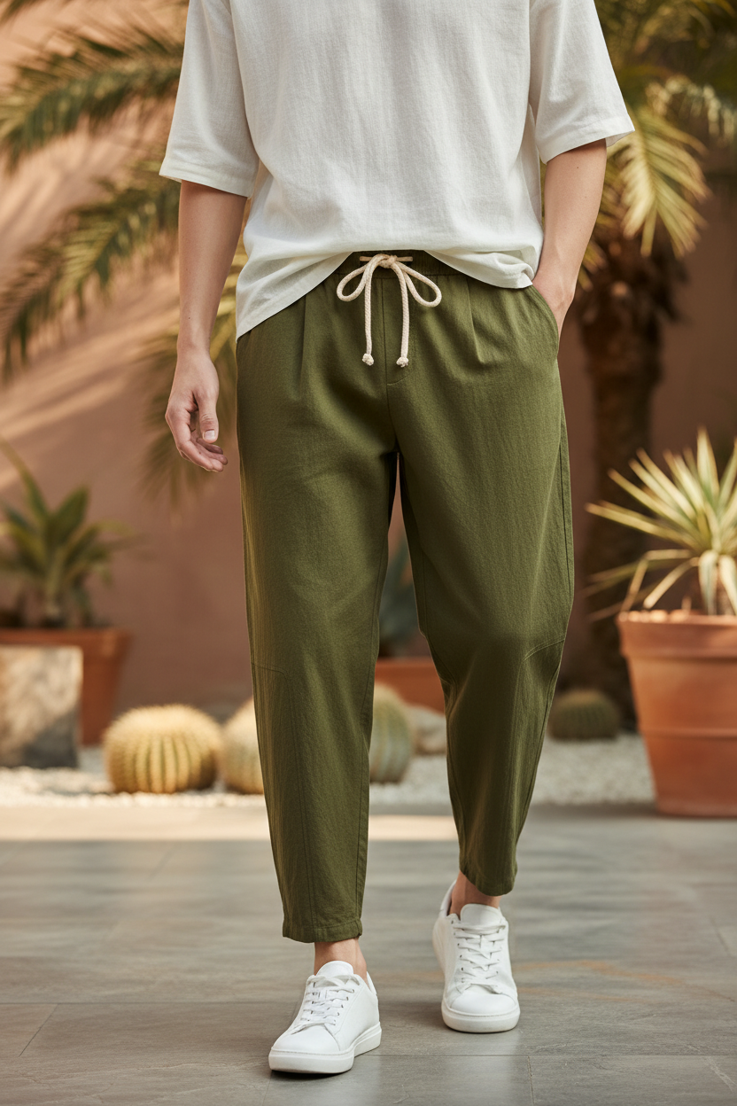 Men's Linen Drawstring Shorts - Green