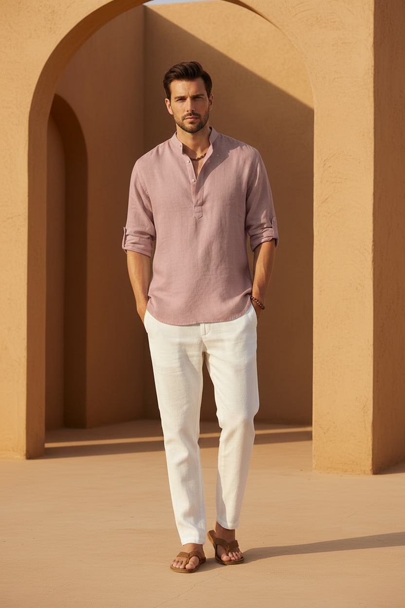 Men's Cotton Linen Long Sleeve Casual Shirt - Pink