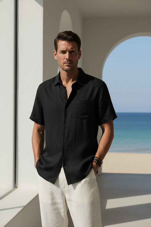 Men's Cotton Linen Short Sleeve Shirt - Black