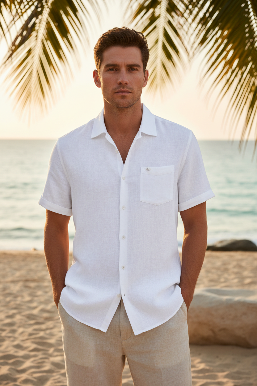 Men's Cotton Linen Short Sleeve Shirt - White